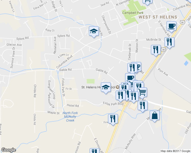 map of restaurants, bars, coffee shops, grocery stores, and more near 58960 Greenbrier Loop in St Helens