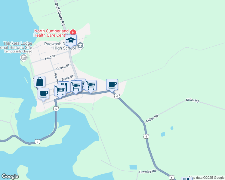 map of restaurants, bars, coffee shops, grocery stores, and more near 9525 Sunrise Trail in Pugwash