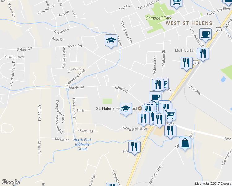 map of restaurants, bars, coffee shops, grocery stores, and more near 58960 Greenbrier Loop in St. Helens