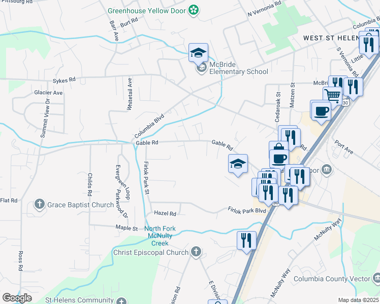 map of restaurants, bars, coffee shops, grocery stores, and more near 58907 Alexandra Lane in St. Helens