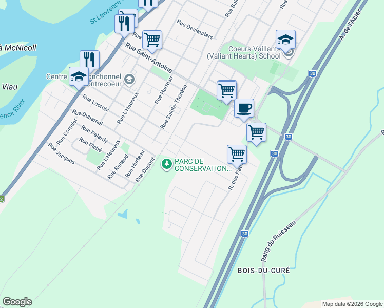 map of restaurants, bars, coffee shops, grocery stores, and more near 1289 Rue Thomas-Valiquet in Contrecoeur