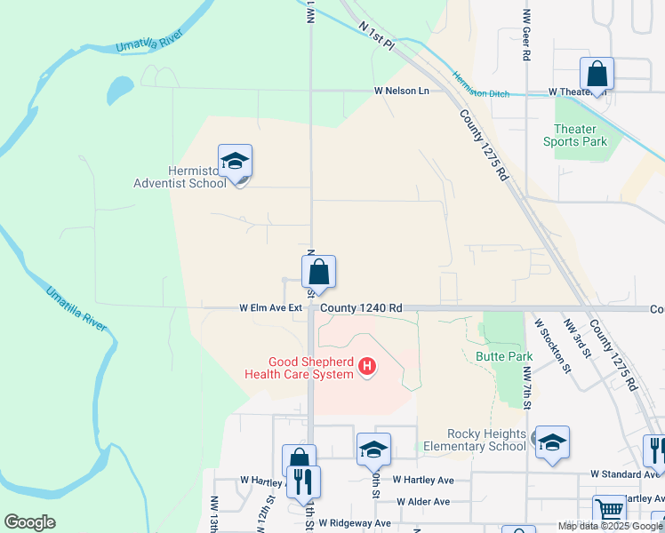 map of restaurants, bars, coffee shops, grocery stores, and more near 1070 West Elm Avenue in Hermiston