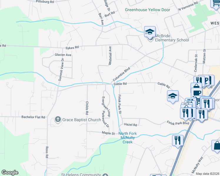 map of restaurants, bars, coffee shops, grocery stores, and more near 58926 Parkwood Drive in St. Helens