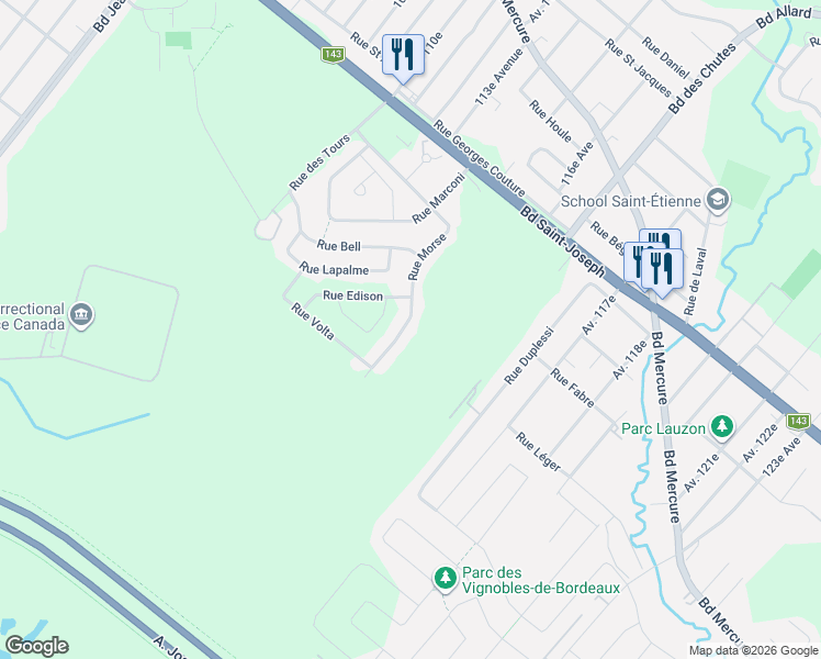 map of restaurants, bars, coffee shops, grocery stores, and more near 1170 Rue Morse in Drummondville