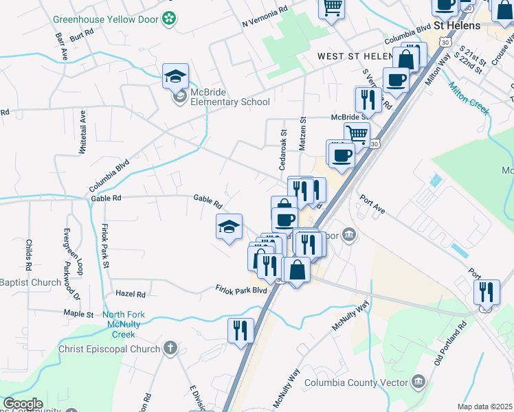 map of restaurants, bars, coffee shops, grocery stores, and more near 2370 Gable Road in St. Helens