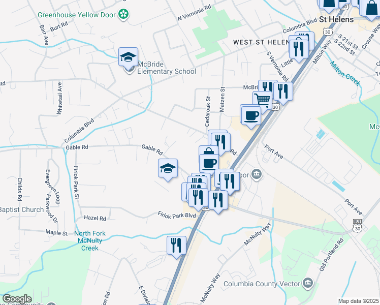 map of restaurants, bars, coffee shops, grocery stores, and more near 2400 Gable Road in St. Helens