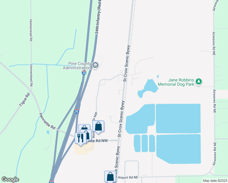 map of restaurants, bars, coffee shops, grocery stores, and more near 1575 Main Street North in Pine City