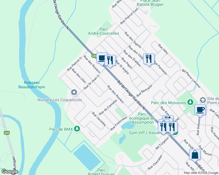 map of restaurants, bars, coffee shops, grocery stores, and more near Rue des Rosiers in L'Assomption