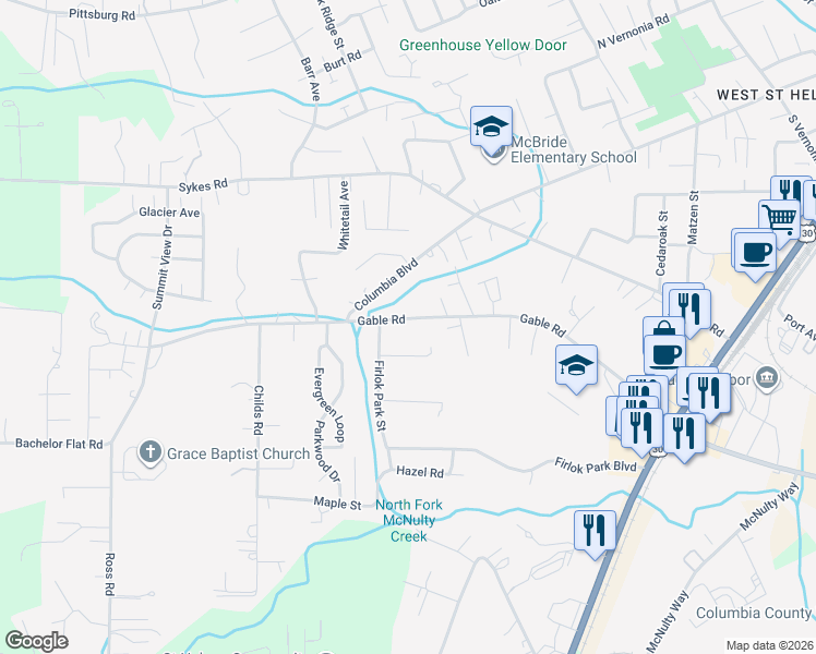 map of restaurants, bars, coffee shops, grocery stores, and more near 2690 Gable Road in St. Helens