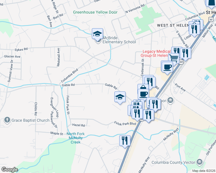 map of restaurants, bars, coffee shops, grocery stores, and more near 2480 Gable Road in St. Helens