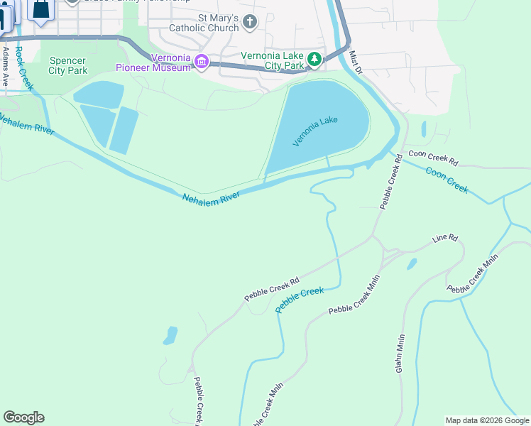 map of restaurants, bars, coffee shops, grocery stores, and more near 59101 Pebble Creek Road in Vernonia