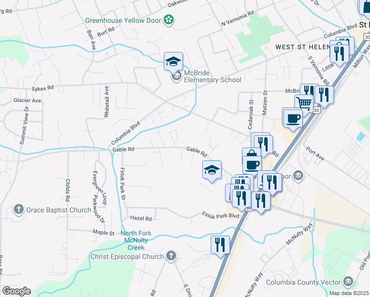 map of restaurants, bars, coffee shops, grocery stores, and more near 2560 Gable Road in St. Helens