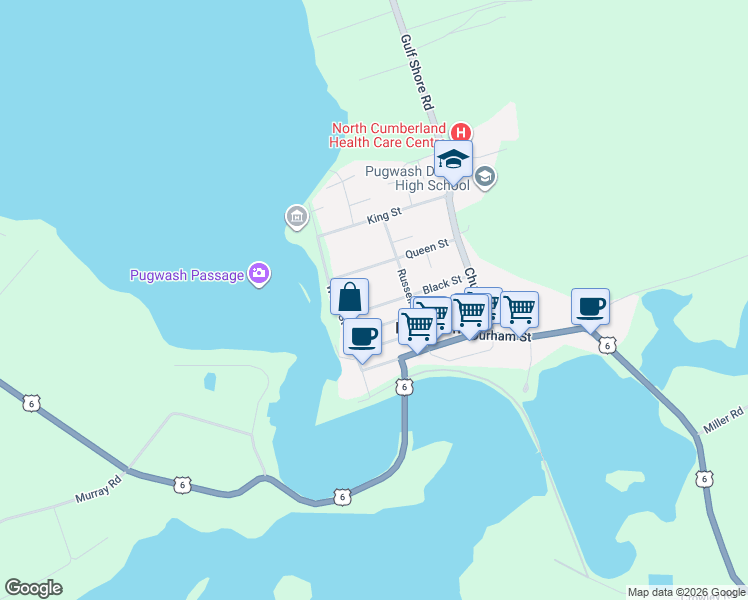 map of restaurants, bars, coffee shops, grocery stores, and more near 51 Black Street in Pugwash