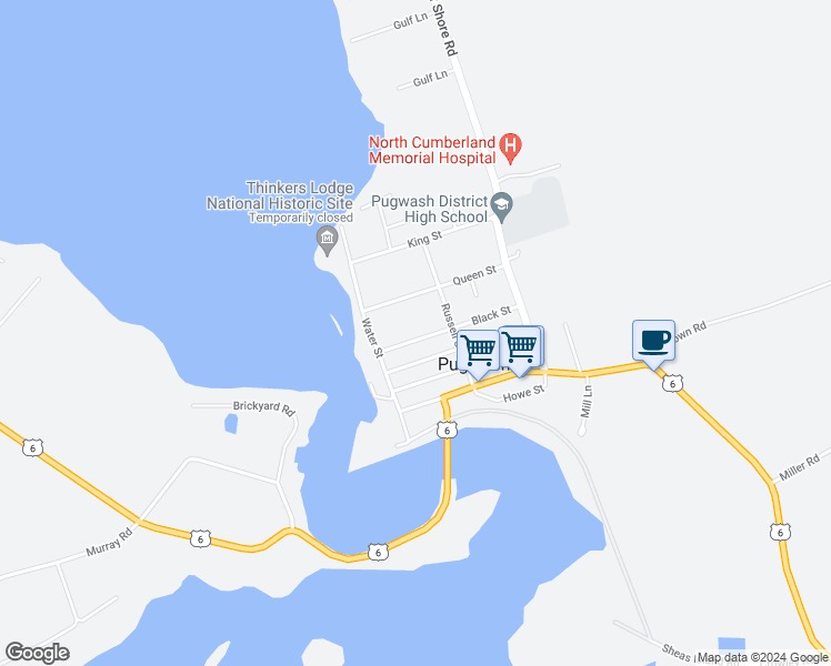 map of restaurants, bars, coffee shops, grocery stores, and more near 51 Black Street in Pugwash