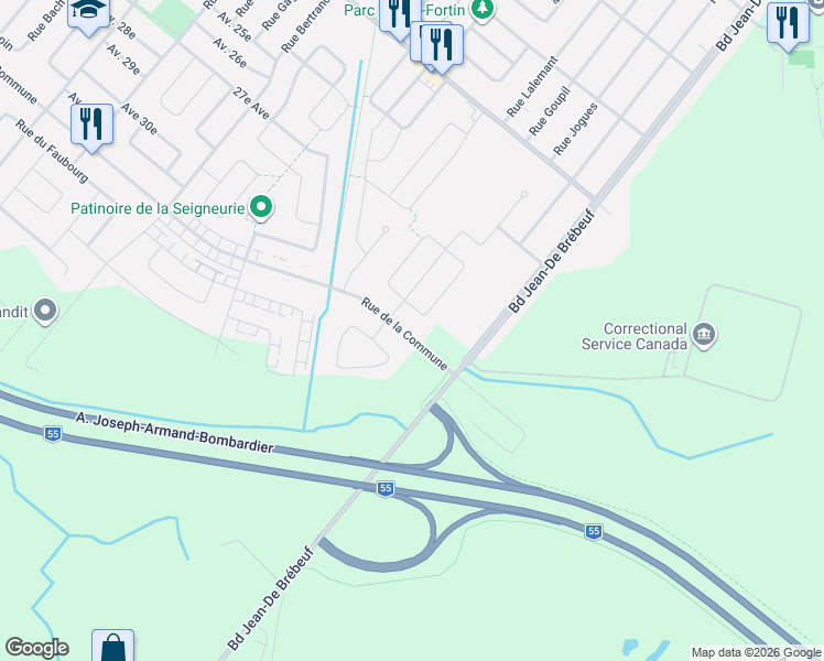 map of restaurants, bars, coffee shops, grocery stores, and more near 3300 Rue de la Commune in Drummondville