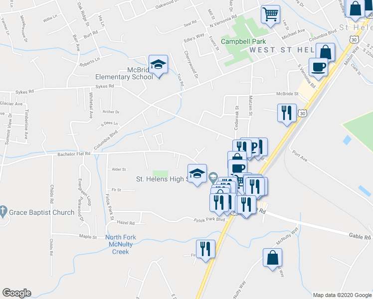 map of restaurants, bars, coffee shops, grocery stores, and more near 2480 Gable Road in St. Helens