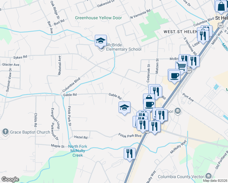map of restaurants, bars, coffee shops, grocery stores, and more near 2480 Gable Road in St. Helens
