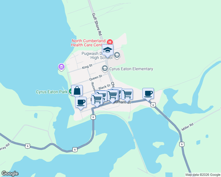 map of restaurants, bars, coffee shops, grocery stores, and more near 167 Prince Albert Street in Pugwash