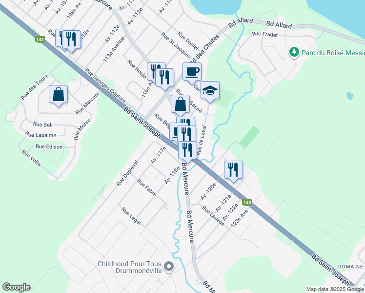 map of restaurants, bars, coffee shops, grocery stores, and more near 2286 Boulevard Mercure in Drummondville