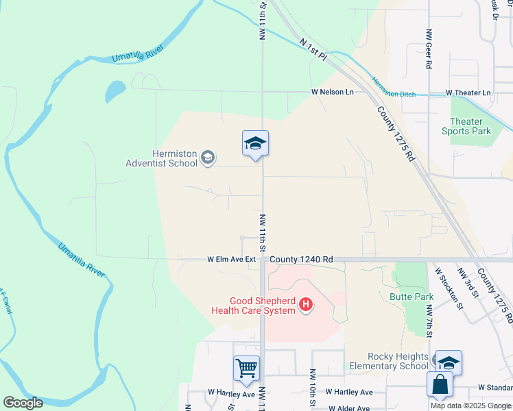 map of restaurants, bars, coffee shops, grocery stores, and more near 1475 Northwest 11th Street in Hermiston