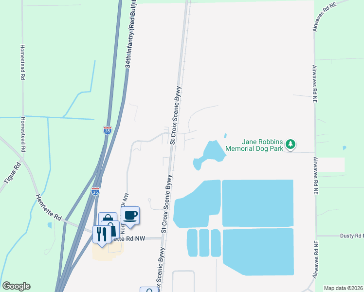 map of restaurants, bars, coffee shops, grocery stores, and more near 1549 Hidden Lane Northeast in Pine City