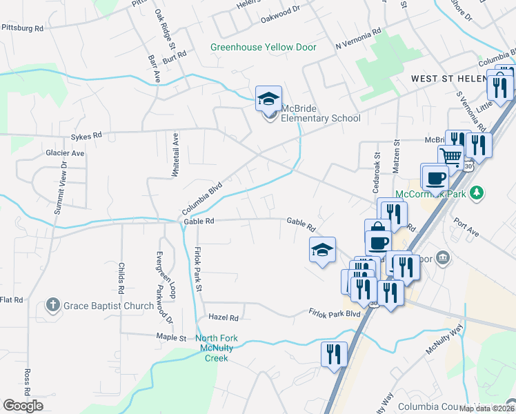 map of restaurants, bars, coffee shops, grocery stores, and more near 59030 Elizabeth Lane in St. Helens