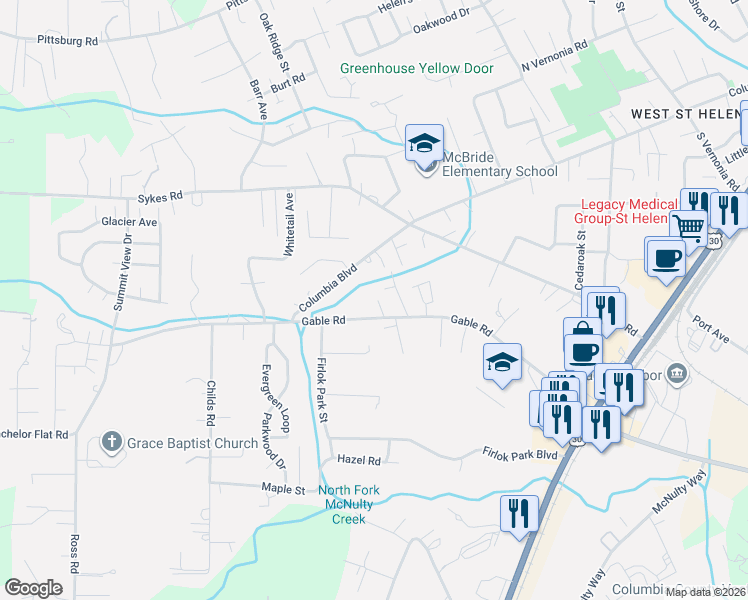 map of restaurants, bars, coffee shops, grocery stores, and more near 2660 Gable Road in St. Helens