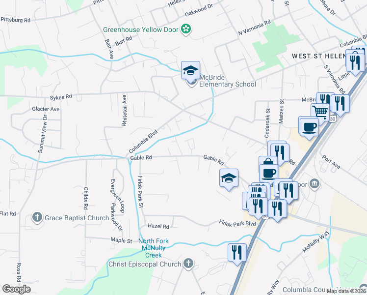 map of restaurants, bars, coffee shops, grocery stores, and more near 59030 Elizabeth Ln in St Helens