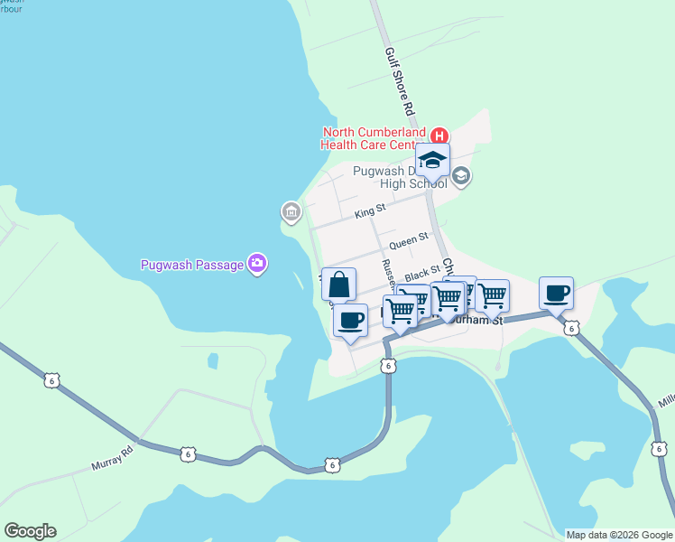 map of restaurants, bars, coffee shops, grocery stores, and more near 30 Queen Street in Pugwash
