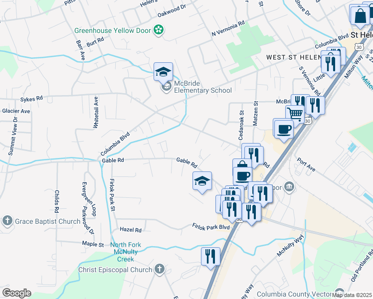 map of restaurants, bars, coffee shops, grocery stores, and more near 2480 Gable Road in St. Helens