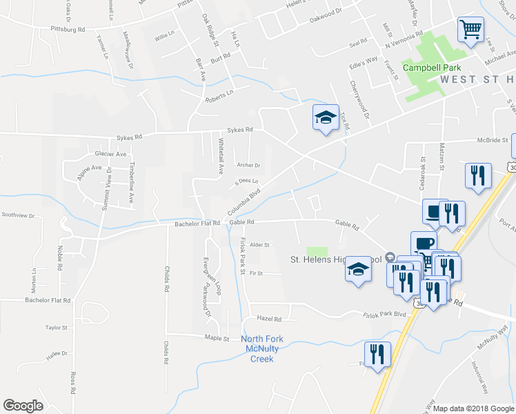 map of restaurants, bars, coffee shops, grocery stores, and more near 2690 Gable Road in St. Helens
