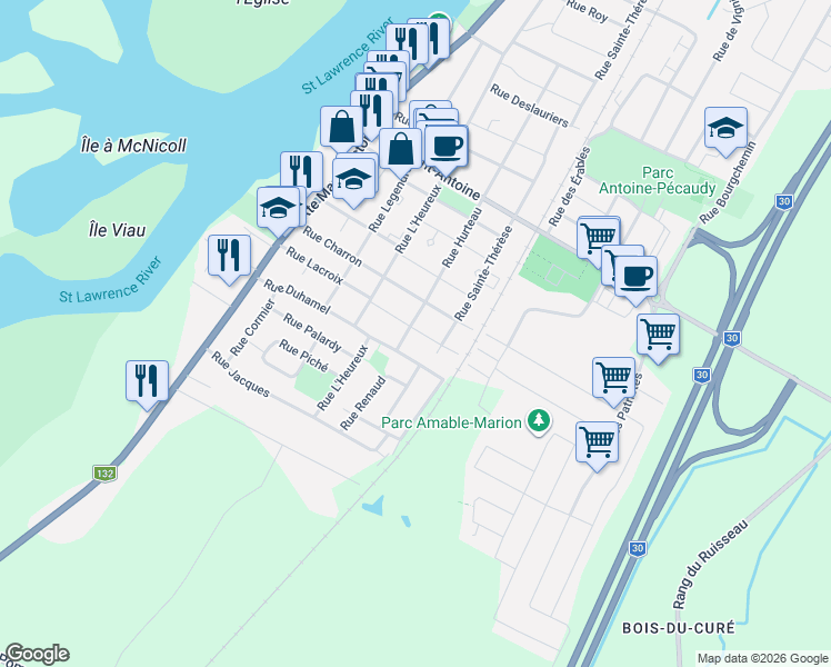 map of restaurants, bars, coffee shops, grocery stores, and more near 4711 Rue Hurteau in Contrecoeur
