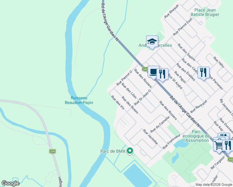 map of restaurants, bars, coffee shops, grocery stores, and more near 1561 Rue des Roses in L'Assomption