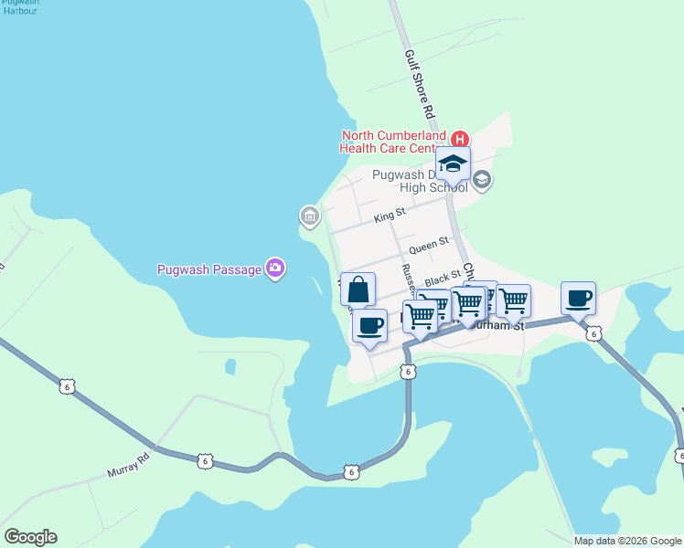 map of restaurants, bars, coffee shops, grocery stores, and more near 30 Queen Street in Pugwash