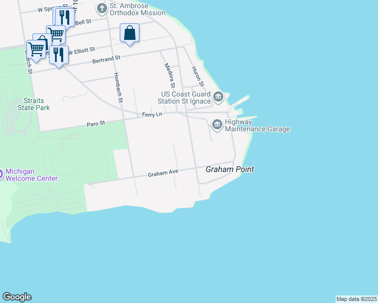 map of restaurants, bars, coffee shops, grocery stores, and more near 1106-1198 South State Street in St. Ignace