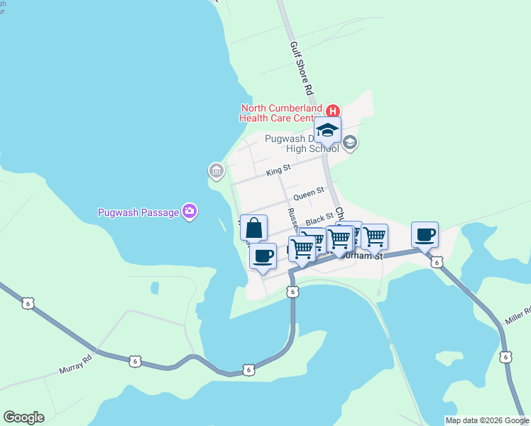 map of restaurants, bars, coffee shops, grocery stores, and more near 52 Queen Street in Pugwash