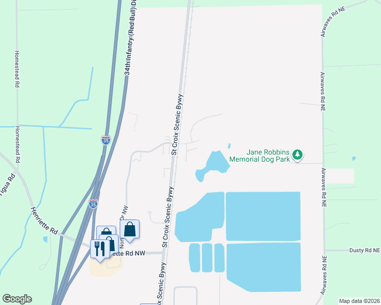 map of restaurants, bars, coffee shops, grocery stores, and more near 1549 Hidden Lane Northeast in Pine City