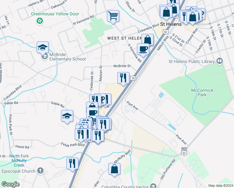 map of restaurants, bars, coffee shops, grocery stores, and more near 555 South Columbia River Highway in St. Helens