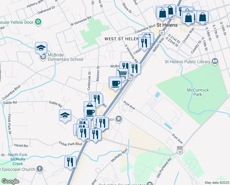 map of restaurants, bars, coffee shops, grocery stores, and more near 555 South Columbia River Highway in St. Helens
