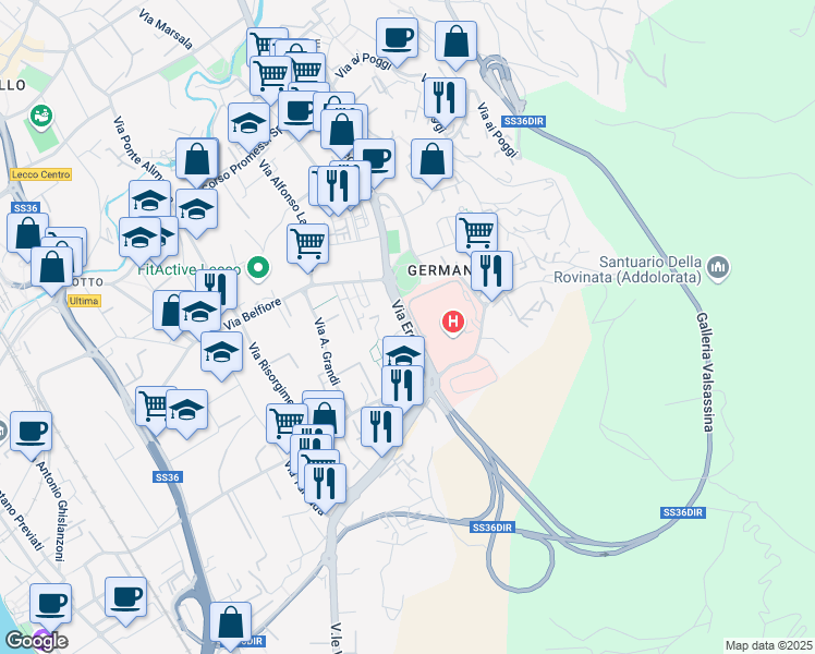 map of restaurants, bars, coffee shops, grocery stores, and more near Via Eremo in Lecco