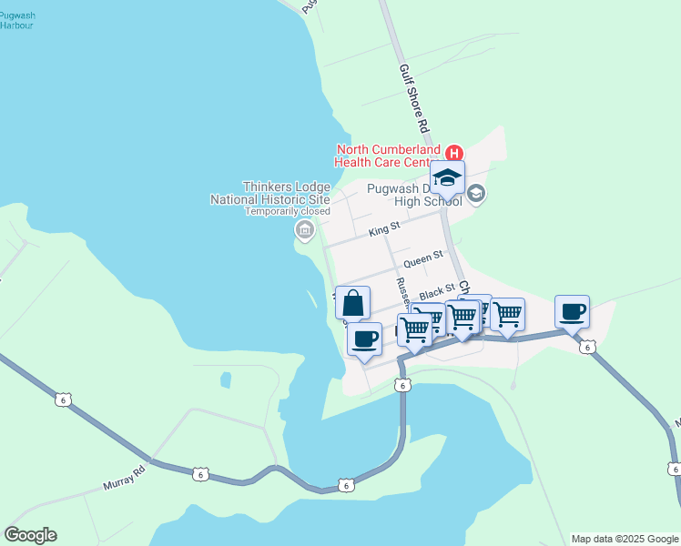 map of restaurants, bars, coffee shops, grocery stores, and more near Queen Street in Pugwash