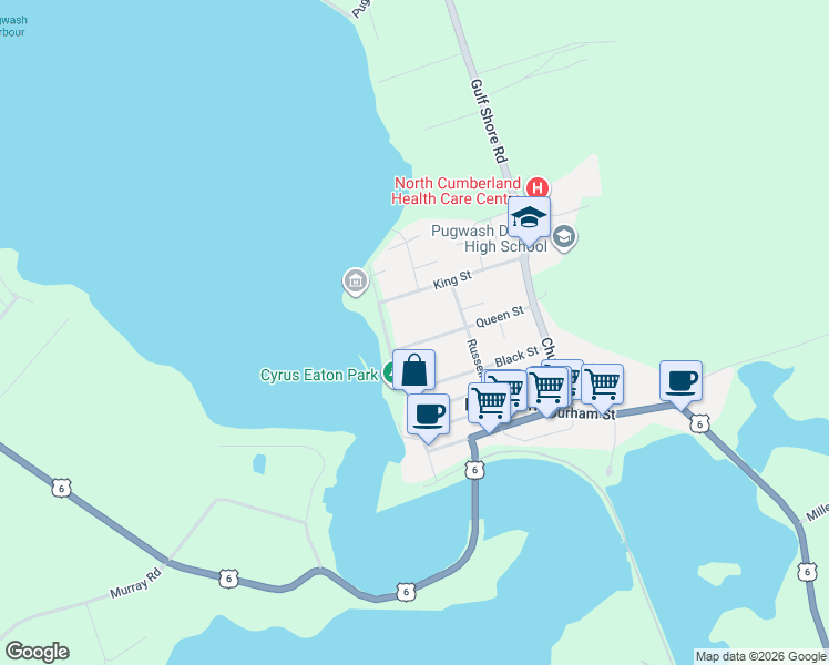map of restaurants, bars, coffee shops, grocery stores, and more near Water Street in Pugwash