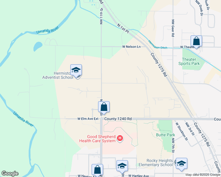 map of restaurants, bars, coffee shops, grocery stores, and more near 1475 Northwest 11th Street in Hermiston