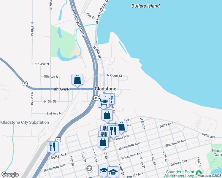 map of restaurants, bars, coffee shops, grocery stores, and more near North 8th Street in Gladstone