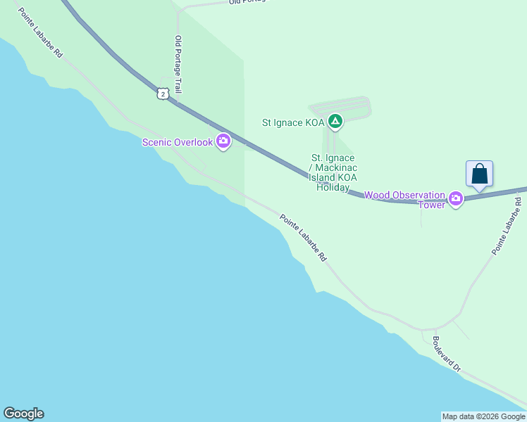 map of restaurants, bars, coffee shops, grocery stores, and more near 1167 Pte La Barbe Road in St. Ignace