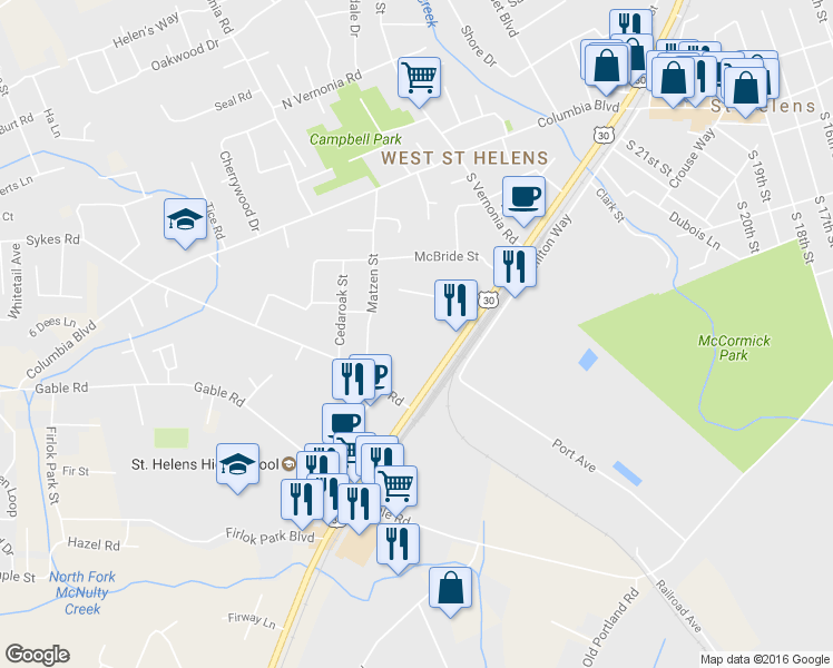 map of restaurants, bars, coffee shops, grocery stores, and more near 535 South Columbia River Highway in St. Helens
