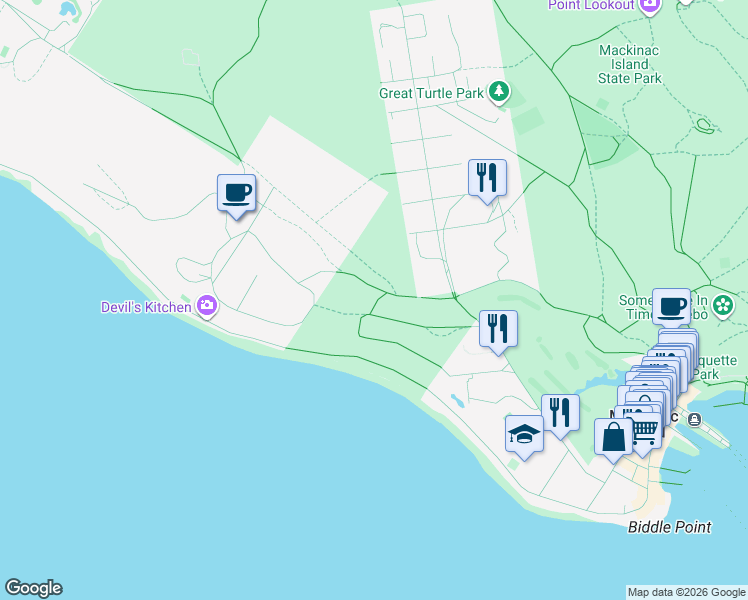 map of restaurants, bars, coffee shops, grocery stores, and more near Annex Rd in Mackinac Island