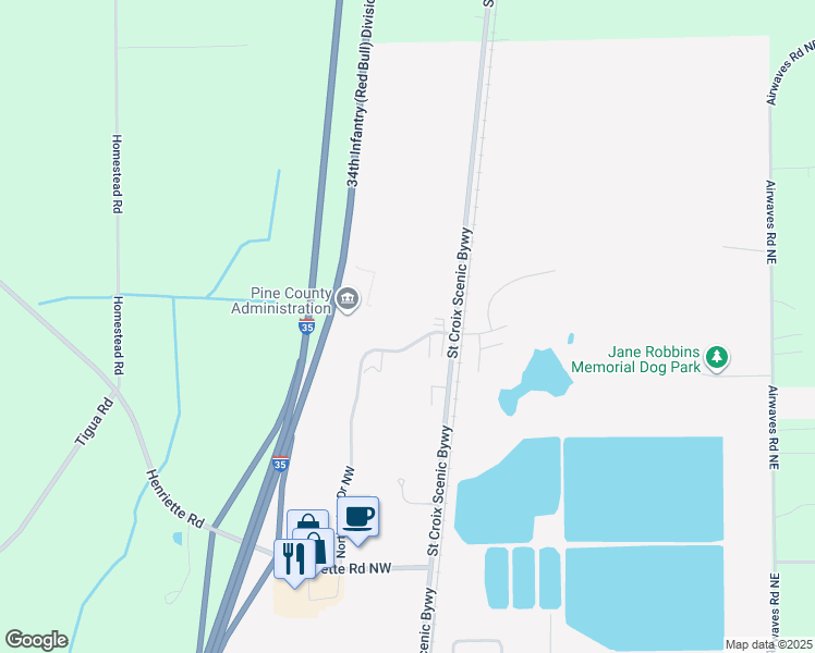 map of restaurants, bars, coffee shops, grocery stores, and more near 615 Northridge Drive Northeast in Pine City