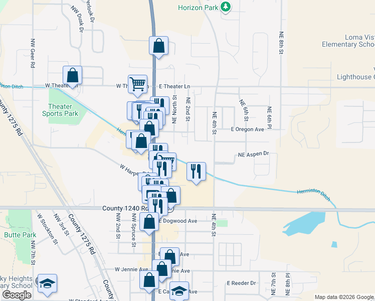 map of restaurants, bars, coffee shops, grocery stores, and more near 980 West Highland Avenue in Hermiston