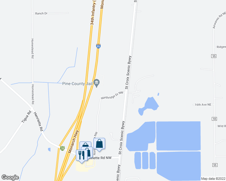 map of restaurants, bars, coffee shops, grocery stores, and more near 615 Northridge Drive Northeast in Pine City